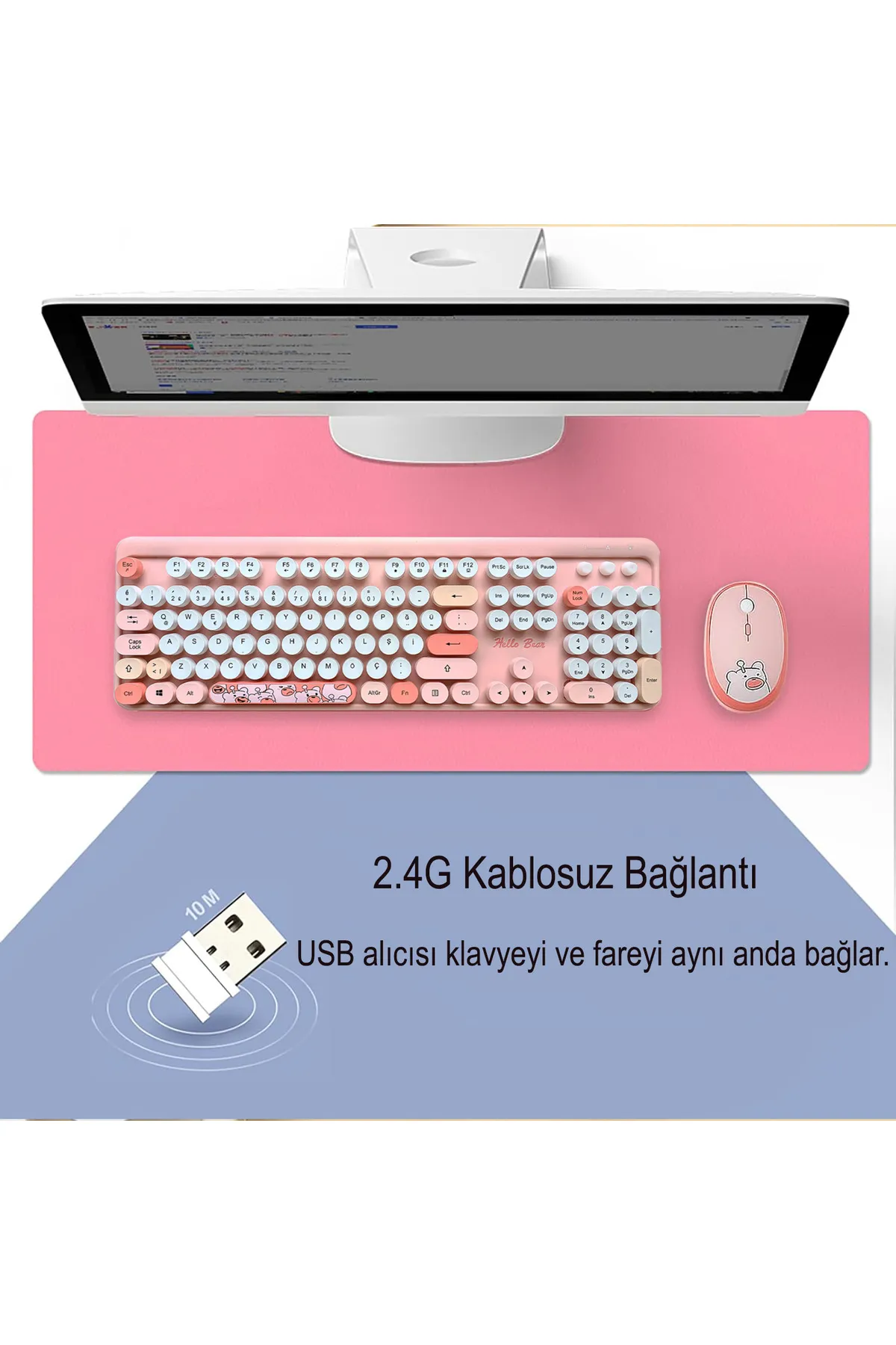 Mofii Hellobear Yuvarlak Tuşlu Ayıcık Desenli Kablosuz Pembe Klavye Mouse Set